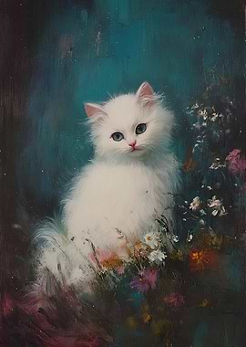 White Kitten in Flowers