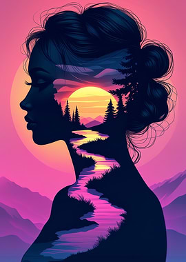 Sunset Silhouette Woman with a landscape within