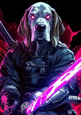 Dog Basset Hound Samurai with Katana