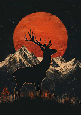 Silhouette Deer Under Red Moon