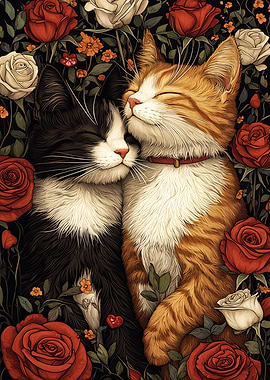 Cats in a Garden of Roses