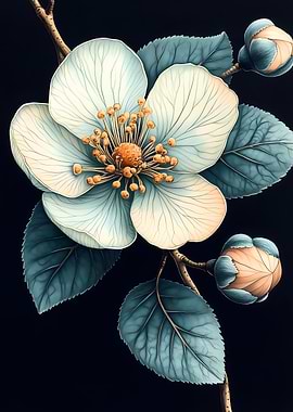 White Flower with Teal Leaves Japanese Landscape