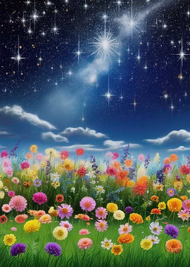 Night Sky Over Flower Field