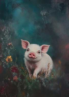 Smiling Piglet in Flowers