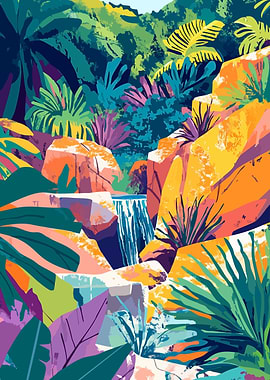 Tropical Waterfall Colorful Minimalist Art