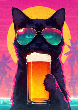 80s Retro Black Cat with Beer