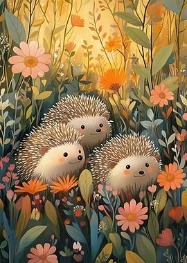 Hedgehogs in a Flower Field