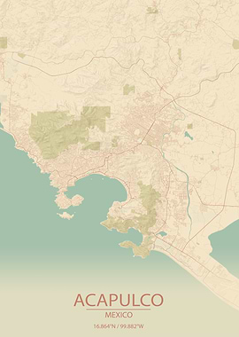 Acapulco Mexico Vintage Style City Map