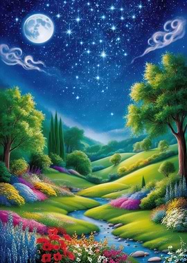 Night Sky Over Lush Valley