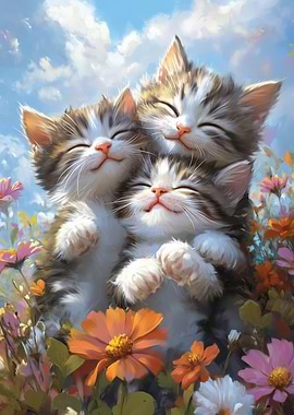 Three Kittens in Flowers