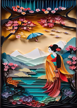 Paper Art Geisha Landscape