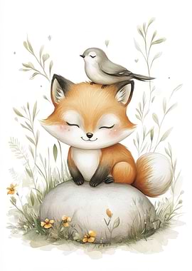 Fox and Bird Watercolor