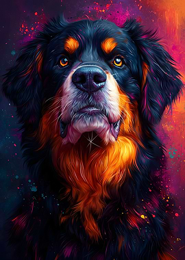 Bernese Mountain Dog Portrait with Colorful Splashes Neon Pop Art Portrait Berner Sennenhund