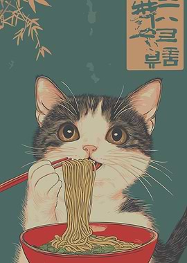 Cat Eating Ramen