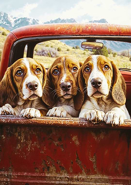Three Dogs in a Truck Bed