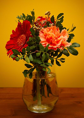 Red and Orange Flowers in Vase still life