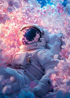 Surrounded by floating petals that glow with soft Art