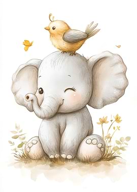 Cute Elephant with Bird