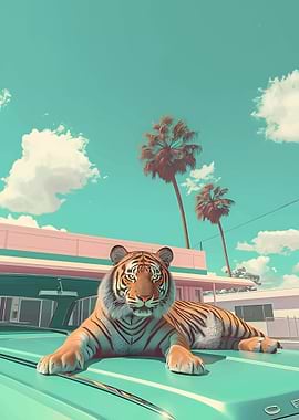 Tiger on a Vintage Car