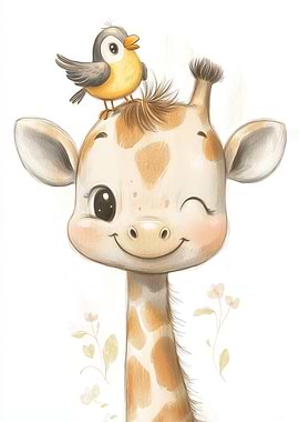 Cute Giraffe with Bird