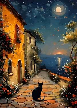 Moonlight Cat by the Sea