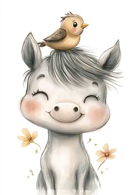 Cute Horse with Bird