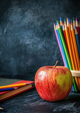 Red Apple and Colored Pencils