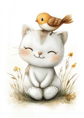 Cute Cat and Bird