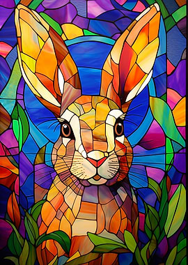 Colorful Stained Glass Artwork of a Vibrant Rabbit with Bright Background