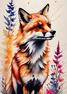 Watercolor Fox with Flowers