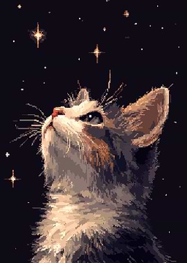 Cat Gazing at Stars Pixel Art