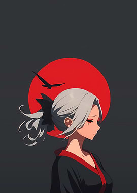 Anime Girl with Red Sun