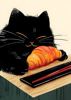 Black Cat Eating Croissant