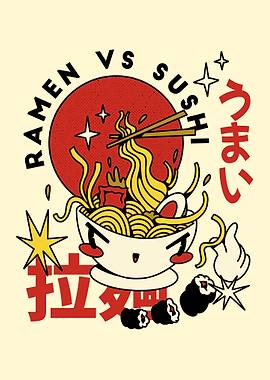 Retro Ramen vs Sushi Cartoon