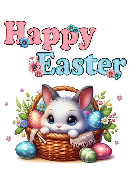 Happy Easter. Cute Easter Bunny in Basket with colorful Easter Eggs and Flowers