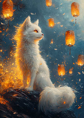White Cat with Lanterns