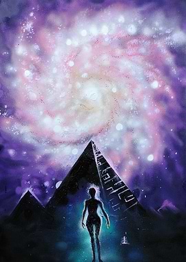 Alien Silhouette in Cosmic Landscape with pyramids and galaxy