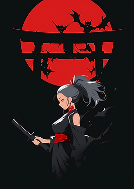 Samurai Woman with Red Moon