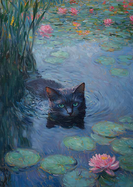 Black Cat in Water Lilies