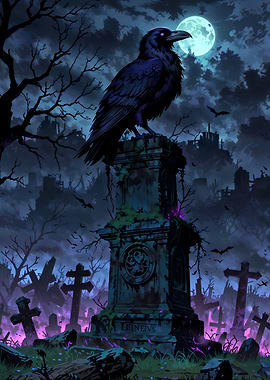 Cemetery Watcher: Raven on Tombstone