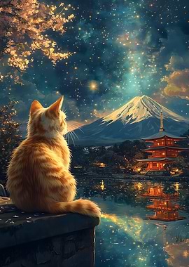 Cat Gazing at Mount Fuji And Pagoda Japan Van gogh