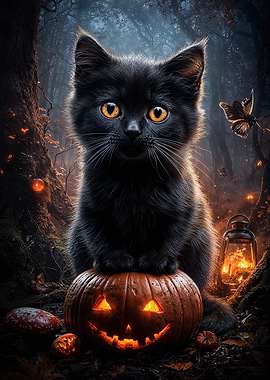 Black Cat on Jack-o'-Lantern