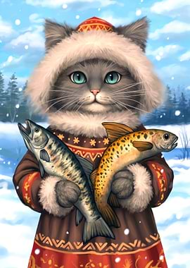 Cat with Fish in Winter