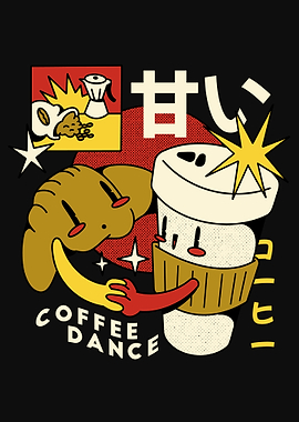 Retro Croissant & Coffee Dance Cartoon
