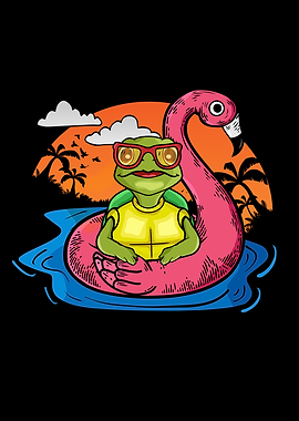 Funny Sea Turtle Swimming Flamingo Pool Sea Turtle