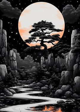 Moonlit Bonsai Landscape