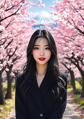 Woman in Cherry Blossom Garden