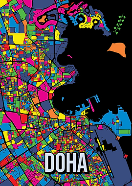 Doha Qatar City Map Pop Art