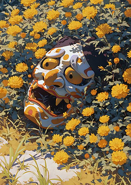 Japanese Demon Mask in Flowers