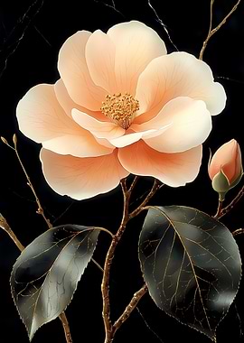 Peach Blossom on Black Japanese Landscape